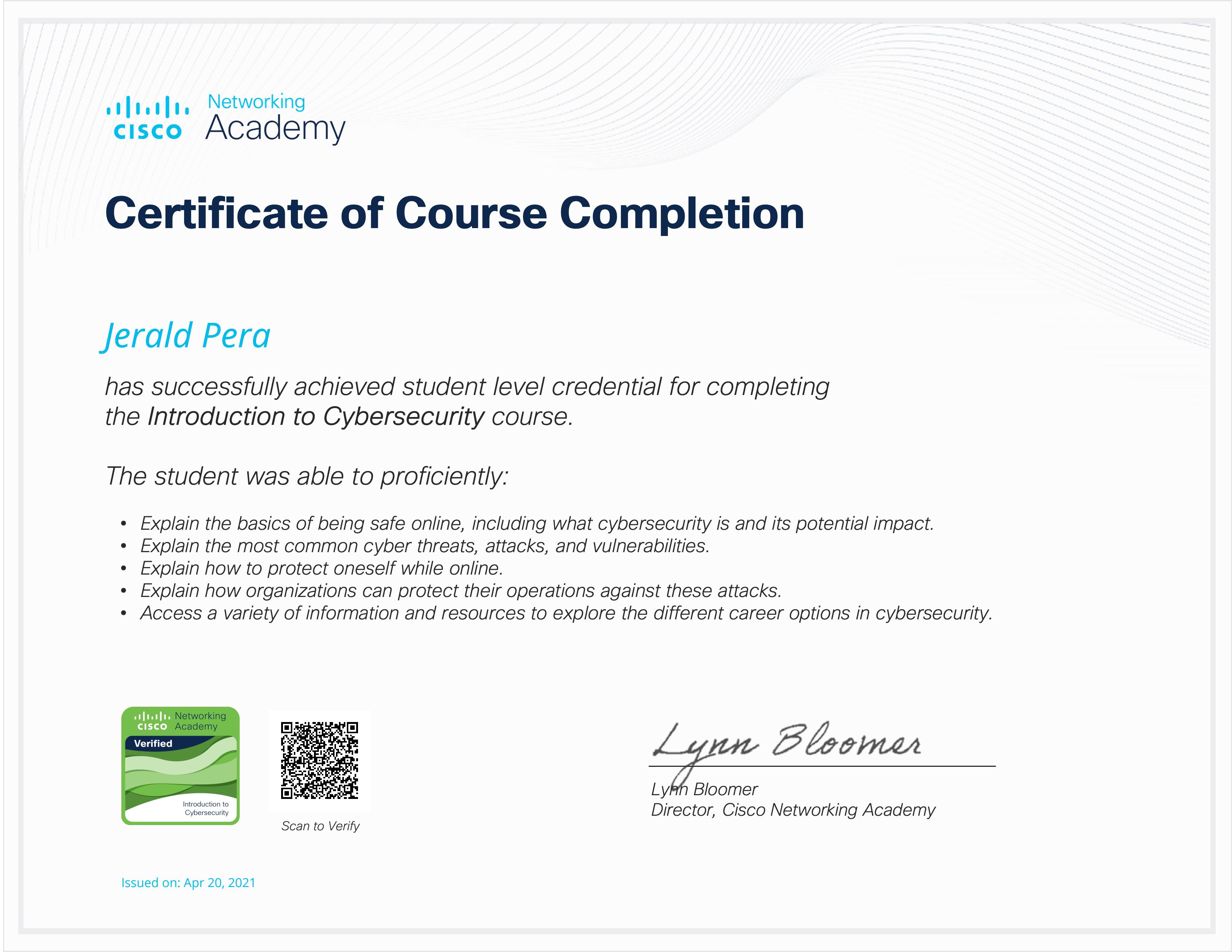 Introduction to Cybersecurity Course Completion
